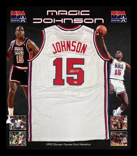 Basketball – Magic Johnson Signed & Framed Team USA Olympics Jersey (Beckett COA)