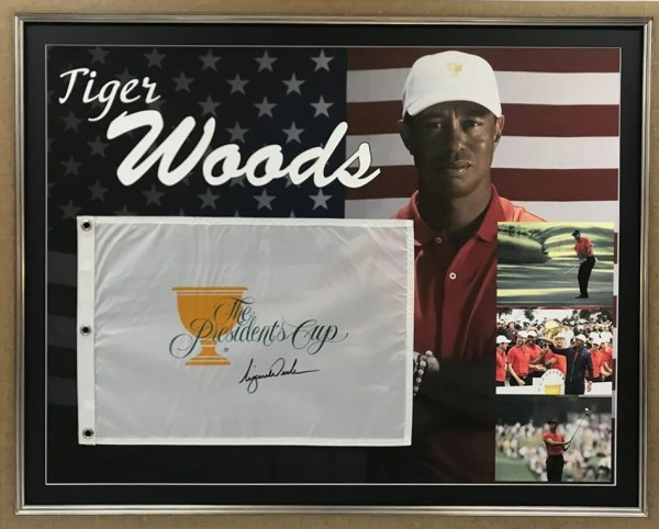 Tiger Woods Signed & Framed Presidents Cup Golf Flag