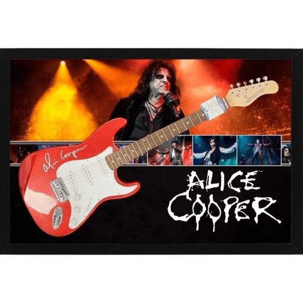 Alice Cooper Hand Signed and Framed Full Size Guitar With Custom Backdrop